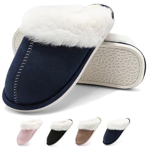 Schuvox Hausschuhe Damen Memory Foam Gefüttert Herren Plüsch Warm Pantoffeln Weiche Herbst Winterschuhe Slippers Bequem Rutschfeste Unisex Marineblau 40/41EU von Schuvox