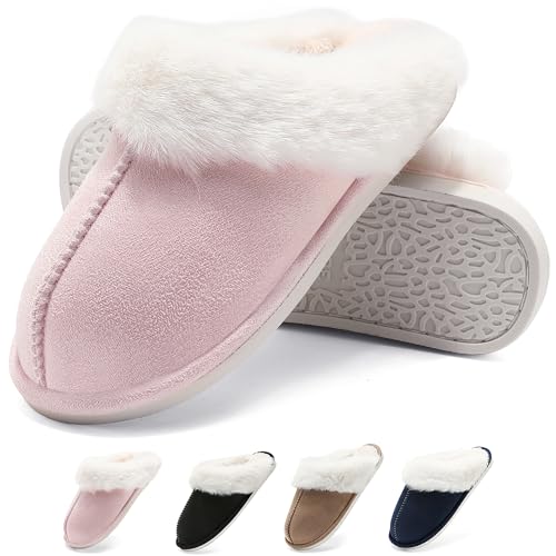 Schuvox Hausschuhe Plüsch Gefüttert Damen Herren Warm Pantoffeln Weiche Herbst Winterschuhe Slippers Bequem Memory Foam Rutschfeste Unisex Rosa 40/41EU von Schuvox