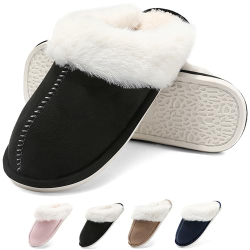 Schuvox Hausschuhe Damen Memory Foam Gefüttert Herren Plüsch Warm Pantoffeln Weiche Herbst Winterschuhe Slippers Bequem Rutschfeste Unisex Schwarz 38/39EU von Schuvox