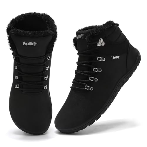 Schuvox Winter Barfußschuhe Damen Herren Warm Gefüttert Barfuß Winterschuhe Wasserabweisend Stiefeletten Breite Zehenbox Winterstiefel Barefoot Shoes Zero Drop Sohle Walking Schuhe Unisex Schwarz 42EU von Schuvox