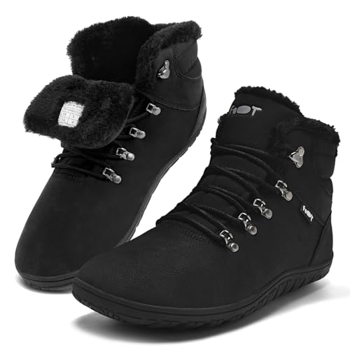 Schuvox Winter Barfußschuhe Damen Wasserdicht Winterstiefel Herren Warm Gefüttert Schneestiefel Men Winterschuhe Rutschfeste Winterboots Women Snow Boots Outdoor Trekking Stiefel Schwarz 40EU von Schuvox