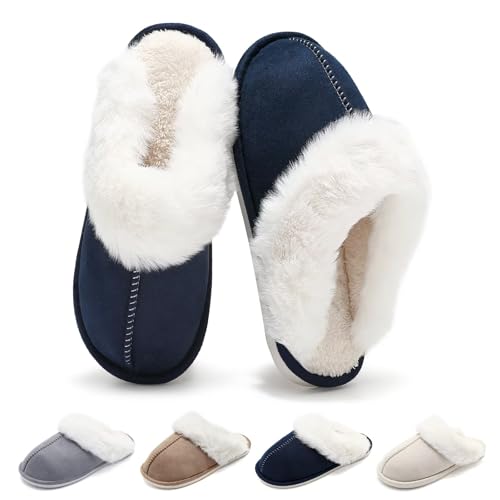 Schuvox Winter Hausschuhe Damen Herren Warm Faux Pelz Slippers Rutschfeste Plüsch Pantoffeln Weich Memory Foam Slides Hauspantoffeln Bequeme Wolkenschuhe für Indoor/Outdoor Unisex Blau 40-41EU von Schuvox