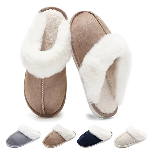 Schuvox Winter Hausschuhe Damen Herren Warm Faux Pelz Slippers Rutschfeste Plüsch Pantoffeln Weich Memory Foam Slides Hauspantoffeln Bequeme Wolkenschuhe für Indoor/Outdoor Unisex Braun 42-43EU von Schuvox