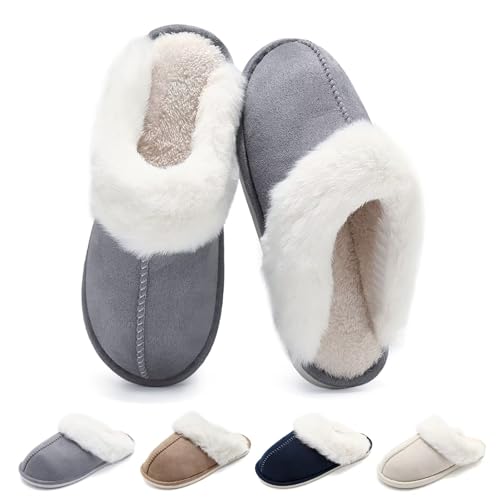 Schuvox Winter Hausschuhe Damen Herren Warm Faux Pelz Slippers Rutschfeste Plüsch Pantoffeln Weich Memory Foam Slides Hauspantoffeln Bequeme Wolkenschuhe für Indoor/Outdoor Unisex Grau 40-41EU von Schuvox