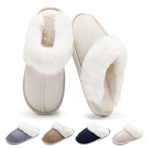 Schuvox Winter Hausschuhe Damen Herren Warm Faux Pelz Slippers Rutschfeste Plüsch Pantoffeln Weich Memory Foam Slides Hauspantoffeln Bequeme Wolkenschuhe für Indoor/Outdoor Unisex Weiß 40-41EU von Schuvox