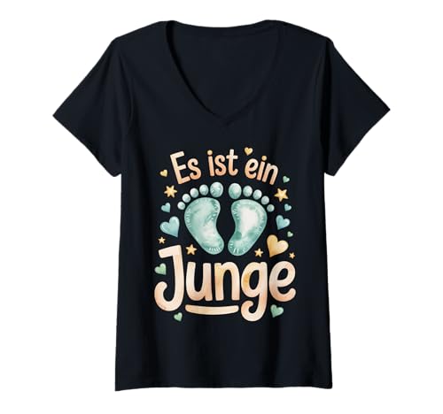 Damen Damen Schwanger Werdende Mama Es Wird EIN Junge Babyfüße T-Shirt mit V-Ausschnitt von Schwanger Baby Geschlecht Junge Mädchen Mama Mami