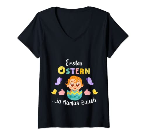 Damen Erstes Ostern in Mamas Bauch Ostern Schwanger Werdende Mama T-Shirt mit V-Ausschnitt von Schwangerschaft Verkünden Großeltern Geschenke