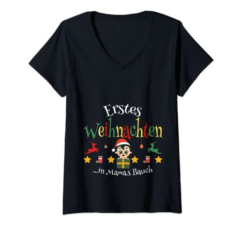 Damen Erstes Weihnachten in Mamas Bauch Weihnachten Schwanger T-Shirt mit V-Ausschnitt von Schwangerschaft Verkünden Großeltern Geschenke