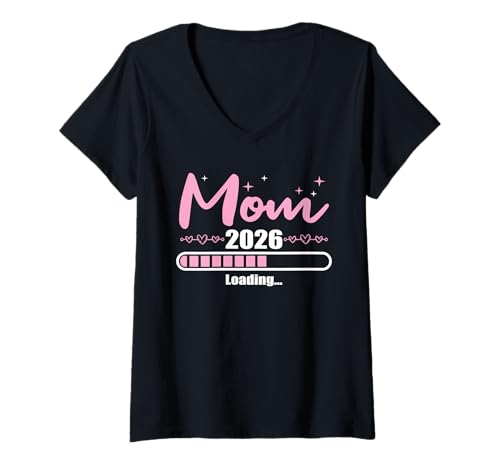 Damen Mutter 2026 Wird Geladen Mama 2026 T-Shirt mit V-Ausschnitt von Schwangerschaftsverkündung als Geschenk für Mamas