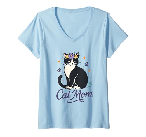 Damen Cat Mom Katzenliebhaber Spruch Niedliche Katze Katzenmama T-Shirt mit V-Ausschnitt von Schwarz-Weiße Katze Süß Herz Frauen Katzenmotiv