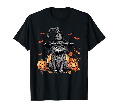 Vintage Gruselige Schwarze Katze Hexenhut Halloween Frauen T-Shirt von Schwarze Katze mit Hexenhut Halloweenkostüm Frauen