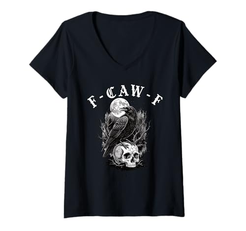 Damen Schwarze Krähe F-Caw-F Lustiger Schwarzer Vogel Gothic Humor T-Shirt mit V-Ausschnitt Damen Schwarze Krähe F-Caw-F Lustiger Schwarzer Vogel Gothic Humor T-Shirt mit V-Ausschnitt von Schwarze Krähe F-Caw-F Halloween Goth