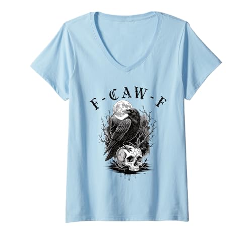Damen Schwarze Krähe F-Caw-F Lustiger Schwarzer Vogel Gothic Humor T-Shirt mit V-Ausschnitt Damen Schwarze Krähe F-Caw-F Lustiger Schwarzer Vogel Gothic Humor T-Shirt mit V-Ausschnitt von Schwarze Krähe F-Caw-F Halloween Goth