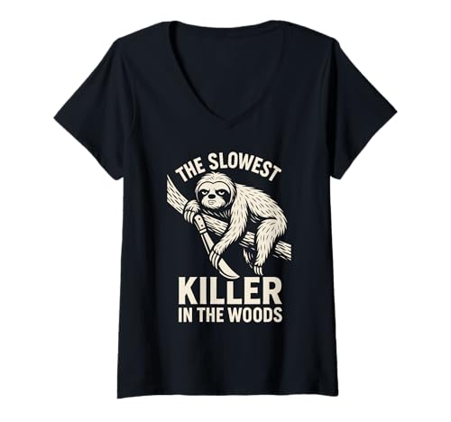 Damen Lustiges Halloween Faultier – The Slowest Killer in The Wood T-Shirt mit V-Ausschnitt Damen Lustiges Halloween Faultier – The Slowest Killer in The Wood T-Shirt mit V-Ausschnitt von Schwarzer Humor Sprüche Co.