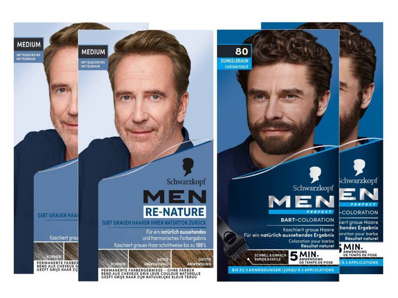 Schwarzkopf Bartfarbe Men Perfect Braun 2x 30 ml & Men Re-Nature Haarfarbe Medium 2x 145 ml, Haar & Bart 4er Set, 4-tlg., für schnelles Kaschieren grauer Haare von Schwarzkopf