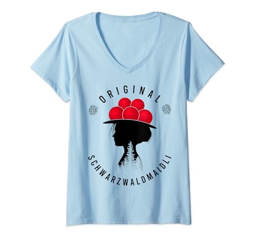 Damen Original Schwarzwaldmädel Schwarzwaldmaidli Bollenhut Bild T-Shirt mit V-Ausschnitt von Schwarzwald Mädchen Bollenhut Tracht Wollrosen