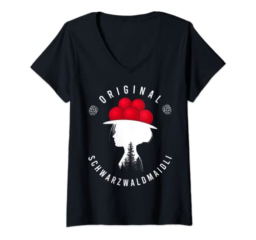 Damen Original Schwarzwaldmädel Schwarzwaldmaidli Bollenhut Bild T-Shirt mit V-Ausschnitt von Schwarzwald Mädchen Bollenhut Tracht Wollrosen