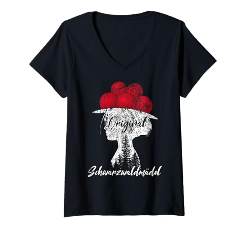 Damen Original Schwarzwaldmädel Schwarzwaldmaidli Bollenhut T-Shirt mit V-Ausschnitt von Schwarzwald Mädchen Bollenhut Tracht Wollrosen
