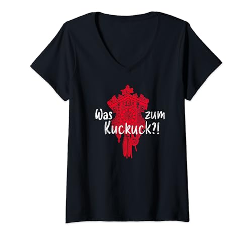 Damen Was zum Kuckuck?! Witziges Schwarzwald Andenken Uhr Design T-Shirt mit V-Ausschnitt Damen Was zum Kuckuck?! Witziges Schwarzwald Andenken Uhr Design T-Shirt mit V-Ausschnitt von Schwarzwalduhr - Kuckucksuhr Tradition - Bollenhut