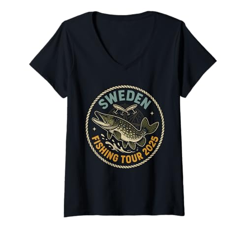 Damen Schweden Fishing Tour 2025 Abenteuer T-Shirt mit V-Ausschnitt von Schweden Angeln Abenteuer Tour 2025