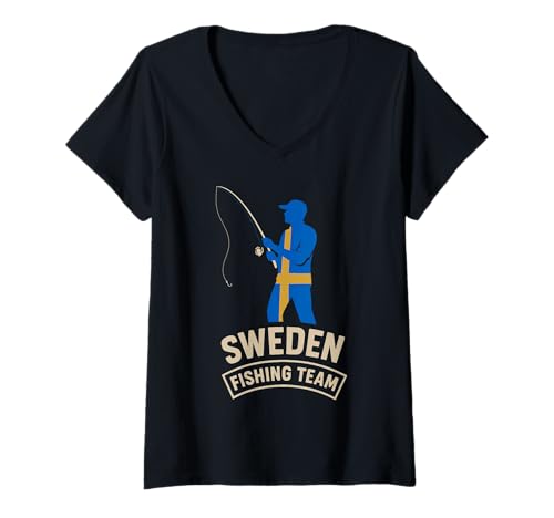 Damen Schweden Fishing Team Leidenschaft T-Shirt mit V-Ausschnitt von Schweden Angeln Mannschaft Abenteuer