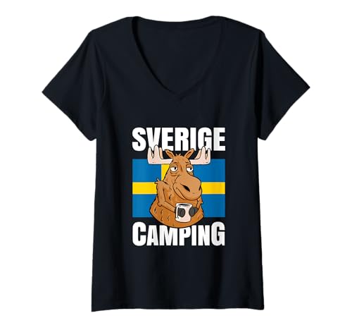Damen Campingurlaub Must Haves Camping Elch Lustig Camper Schweden T-Shirt mit V-Ausschnitt von Schweden mit dem Camper & Campingurlaub Must Haves