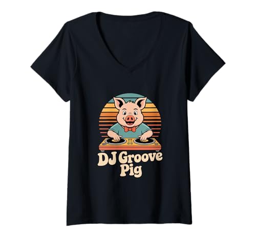Damen DJ Groove Pig Schwein DJ Retro Musik Festival Sound T-Shirt mit V-Ausschnitt Damen DJ Groove Pig Schwein DJ Retro Musik Festival Sound T-Shirt mit V-Ausschnitt von Schwein DJ Retro Musik Party Techno Club Mix