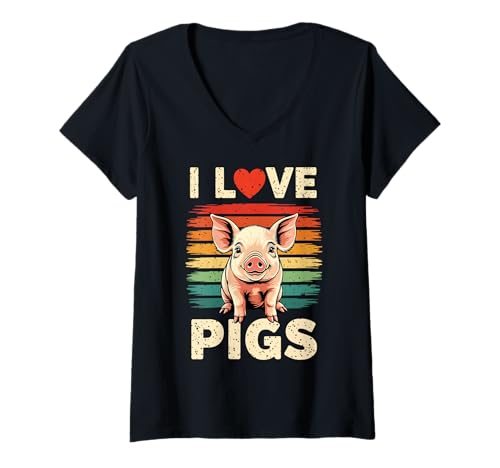 Damen Schwein Schweineliebhaber Geschenk Schweine I Love Pigs T-Shirt mit V-Ausschnitt von Schwein Retro Schweine Geschenk Schweineliebhaber