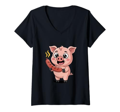 Damen Lustiges Schwein Mit Wurst Grillen BBQ Bratwurst Spaß T-Shirt mit V-Ausschnitt von Schwein Wurst BBQ Grillen Lustig Cartoon Motiv
