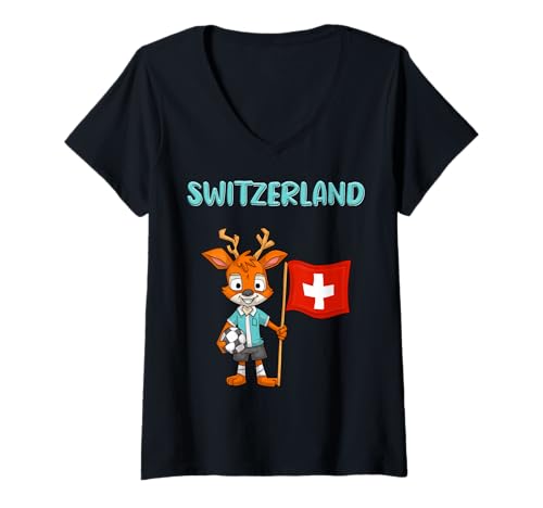 Damen Schweiz Fan Hirsche T-Shirt mit V-Ausschnitt von Schweiz Fans