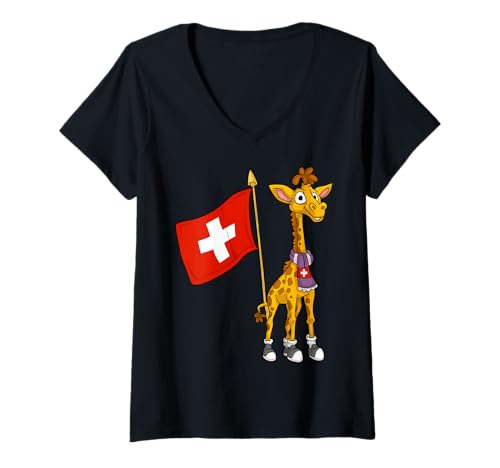 Damen Schweizer Fan/Schweiz Giraffe T-Shirt mit V-Ausschnitt von Schweiz Fans