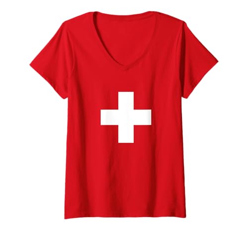 Damen Schweiz Schweizer Kreuz T-Shirt mit V-Ausschnitt von Schweiz Outifts