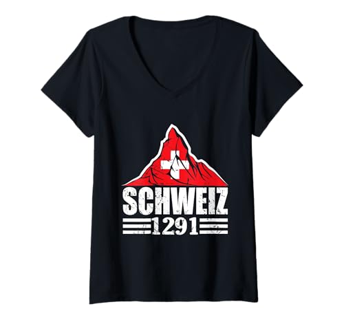 Damen Schweiz Matterhorn Schweiz Flagge Schweiz seit 1291 Vintage T-Shirt mit V-Ausschnitt von Schweiz Switzerland Flag Swiss Pride
