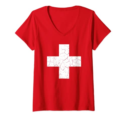 Damen Schweizer Flagge Kreuz Schweiz T-Shirt mit V-Ausschnitt von Schweizer Nationalstolz Motive