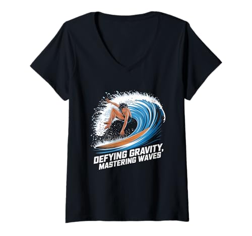 Damen Schwerkraft Trotzendes Surfen Abenteuer T-Shirt mit V-Ausschnitt Damen Schwerkraft Trotzendes Surfen Abenteuer T-Shirt mit V-Ausschnitt von Schwerkraft Trotzend Wellen Meistern Surf-Vibes