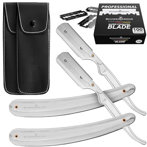 SCHWERTKRONE 2 Premium Rasiermesser mit 100 Premium Rasierklingen & 2 Lederetuis - Zwei Rasiermesser Herren Silber inkl. 100 Wechselklingen - Straight Razor Rasierer Herren Set Bartmesser Ustura SCHWERTKRONE 2 Premium Rasiermesser mit 100 Premium Rasierklingen & 2 Lederetuis - Zwei Rasiermesser Herren Silber inkl. 100 Wechselklingen - Straight Razor Rasierer Herren Set Bartmesser Ustura von Schwertkrone