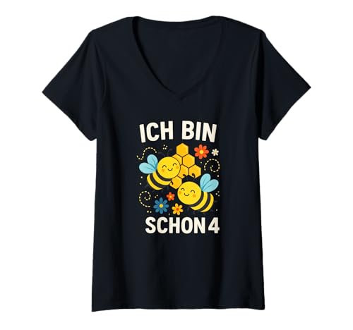 Damen Ich Bin Schon 4 - Biene Kinder Tochter Enkelin T-Shirt mit V-Ausschnitt Damen Ich Bin Schon 4 - Biene Kinder Tochter Enkelin T-Shirt mit V-Ausschnitt von Schwester Geburtstag Geburtstagsparty