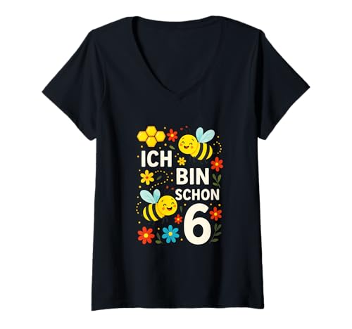Damen Ich Bin Schon 6 - Biene Kinder Tochter Enkelin T-Shirt mit V-Ausschnitt Damen Ich Bin Schon 6 - Biene Kinder Tochter Enkelin T-Shirt mit V-Ausschnitt von Schwester Geburtstag Geburtstagsparty