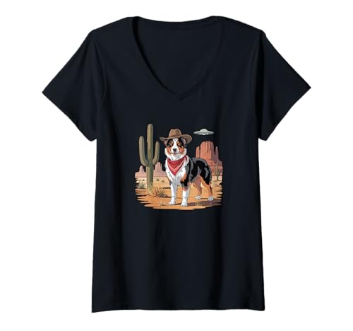 Damen Australian Shepherd Alien UFO Wüstencowboy T-Shirt mit V-Ausschnitt von Sci-Fi Dog Lover