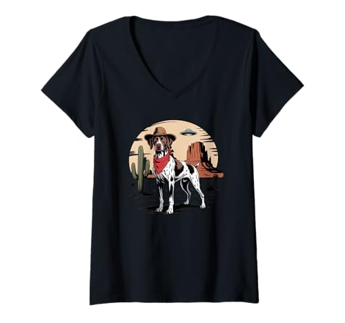 Damen Deutsch Kurzhaar Alien UFO Desert Cowboy T-Shirt mit V-Ausschnitt Damen Deutsch Kurzhaar Alien UFO Desert Cowboy T-Shirt mit V-Ausschnitt von Sci-Fi Dog Lover