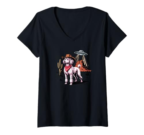 Damen Französischer Pudel Alien UFO Desert Cowboy T-Shirt mit V-Ausschnitt Damen Französischer Pudel Alien UFO Desert Cowboy T-Shirt mit V-Ausschnitt von Sci-Fi Dog Lover