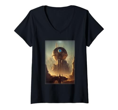Damen Fantasy-Science-Fiction-Umgebung Mechanical Sun Doomsday T-Shirt mit V-Ausschnitt von Sci-Fi Environment Mechanical Sun Doomsday