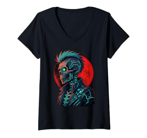 Damen Cyber Skeleton Cyborg Gothic Retro-Futurismus-Gamer T-Shirt mit V-Ausschnitt Damen Cyber Skeleton Cyborg Gothic Retro-Futurismus-Gamer T-Shirt mit V-Ausschnitt von Sci-Fi Futuristic Skeleton Cyborg Dark Punk Design