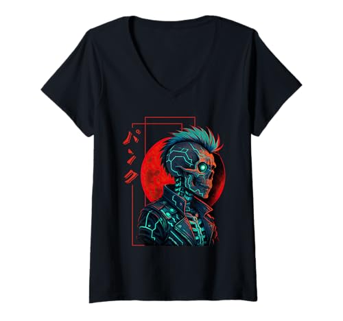 Damen Cyber Skeleton Cyborg Japanischer Retro Futurismus Gamer T-Shirt mit V-Ausschnitt von Sci-Fi Futuristic Skeleton Cyborg Dark Punk Design