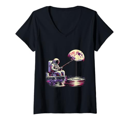 Damen Futuristisches Space Design Astronaut Angelt Mond Weltall T-Shirt mit V-Ausschnitt von Sci-Fi Motiv für Weltraum Sterne Liebhaber