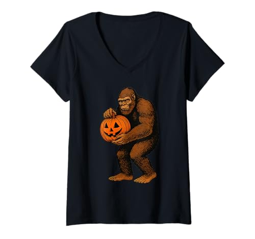 Damen Lustiges Halloween im Vintage-Stil, Bigfoot, klaut Kürbis T-Shirt mit V-Ausschnitt Damen Lustiges Halloween im Vintage-Stil, Bigfoot, klaut Kürbis T-Shirt mit V-Ausschnitt von Sci Fi Sasquatch Jack o Lantern Trick or Treat