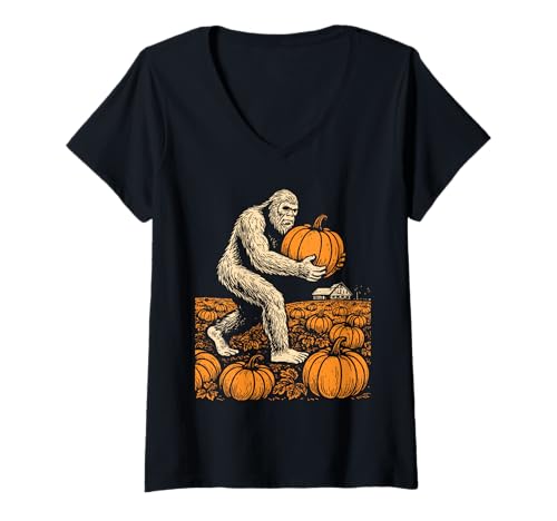 Damen Lustige Bigfoot Stealing Pumpkins Sasquatch Farming T-Shirt mit V-Ausschnitt von Sci-Fi Sasquatch Pumpkin Harvest Retro Design