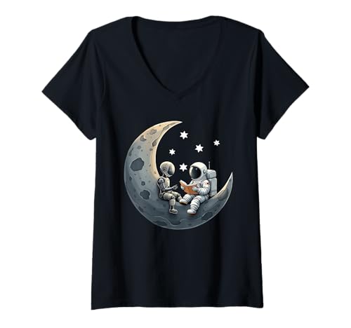 Damen Astronaut liest Robot Cute Cosmic Tech Women Kids ein Buch vor T-Shirt mit V-Ausschnitt von Sci-fi Education Space Day Learning Bookworm Co