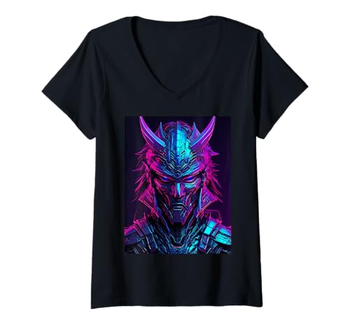 Damen Futuristischer Cyber-Samurai mit High-Tech-Ästhetik T-Shirt mit V-Ausschnitt Damen Futuristischer Cyber-Samurai mit High-Tech-Ästhetik T-Shirt mit V-Ausschnitt von Sci-fi cyber samurai with tech elements