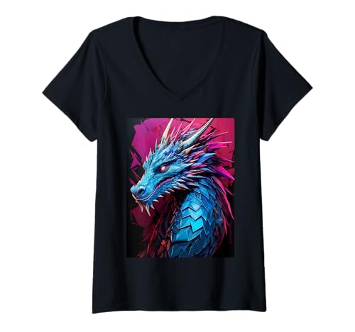 Damen Futuristischer Cyberdrache mit High-Tech-Ästhetik T-Shirt mit V-Ausschnitt Damen Futuristischer Cyberdrache mit High-Tech-Ästhetik T-Shirt mit V-Ausschnitt von Sci-fi dragon with sleek digital cyber elements